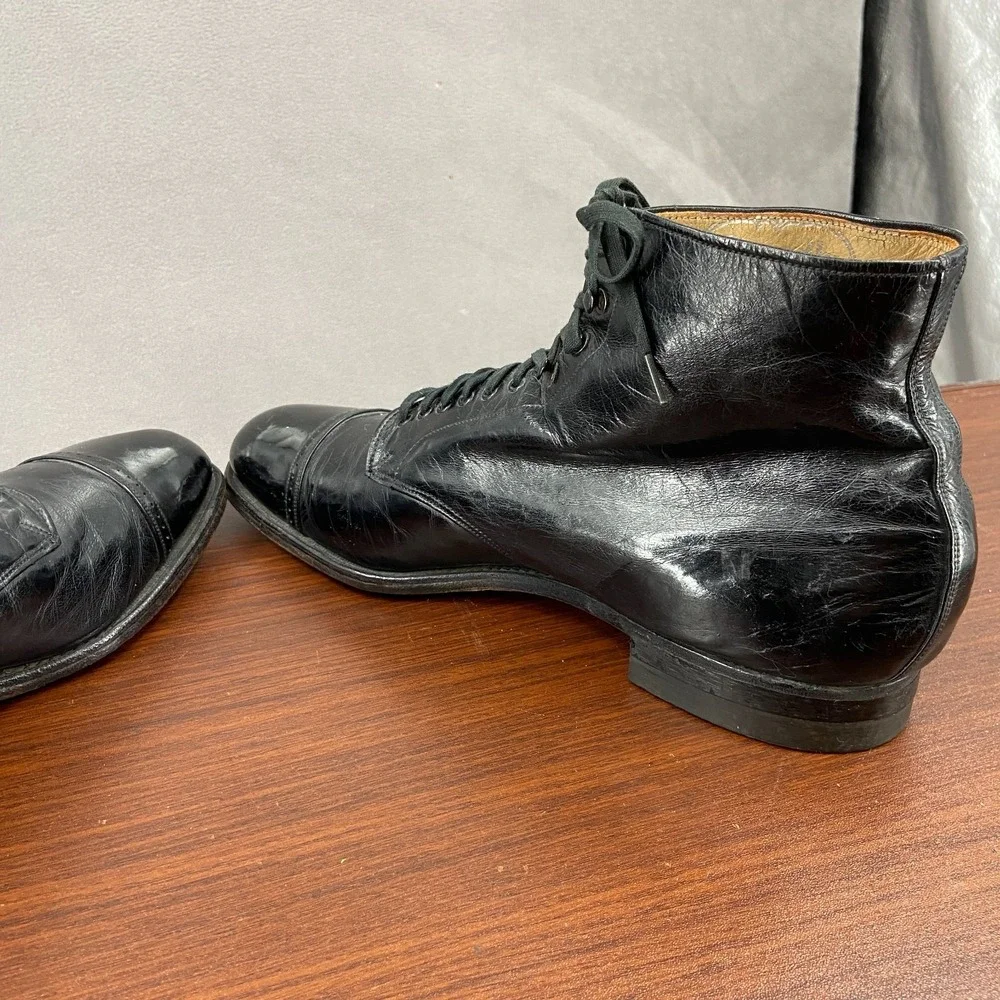 Vintage Connolly Boots Black Leather Cap Toe Ankle Lace Up SZ 9.5 Combat Boots